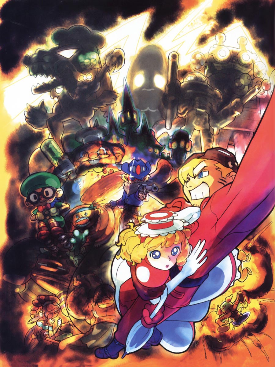 3girls 6+boys accel accel_(power_stone) aiming ayame_(power_stone) blonde_hair blue_eyes boat boots bottle breasts buck_teeth castle cleavage cover cowboy cowboy_hat dark_skin dinosaur dress edward_fokker everyone explosion feet frying_pan galuda glint glowing glowing_eyes gourmand grin gunrock harem_outfit hat highres julia_whitepearl knee_boots lightning mecha multiple_boys multiple_girls native_american official_art pete_(power_stone) power_stone power_stone_2 puppet robot rouge_(power_stone) silhouette smile teeth wang-tang watercraft western wide-eyed yasuda_akira