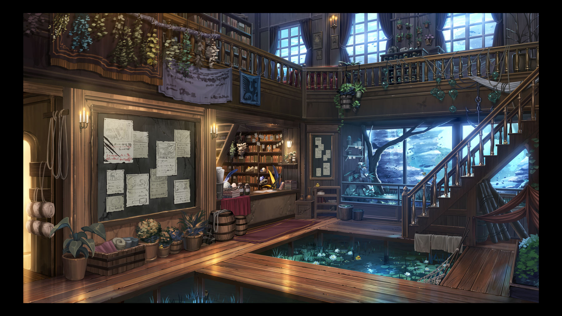 banister bookshelf bulletin_board cupboard fantasy herb_bundle highres indoors interior lamp no_humans original plant potted_plant scenery shelf tree ukai_(negi_wolf) very_wide_shot window wooden_floor