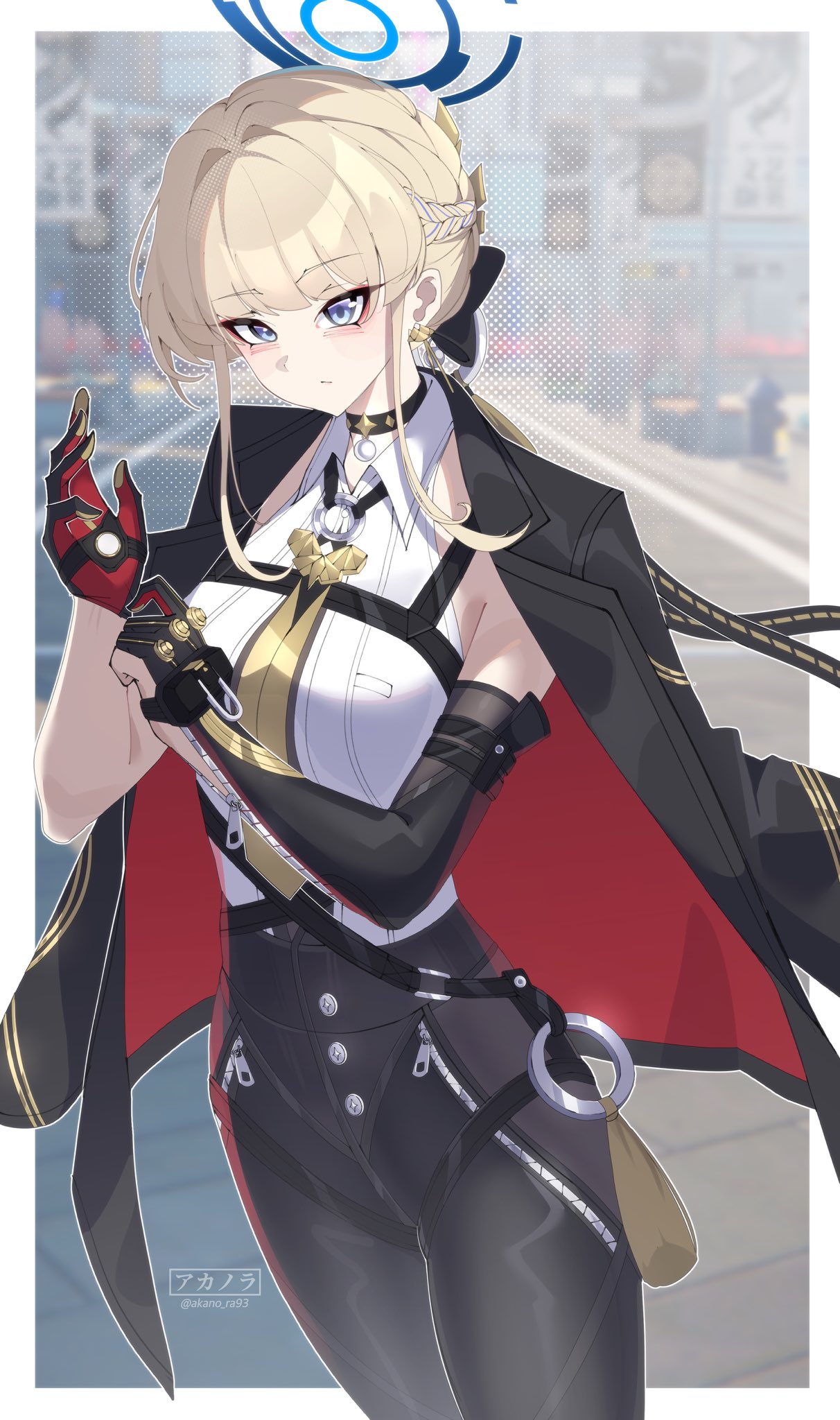1girl adjusting_clothes adjusting_gloves akanora black_choker black_gloves black_jacket black_pants black_ribbon blonde_hair blue_archive blue_eyes border braid breasts choker collared_shirt commentary cosplay cowboy_shot earrings elbow_gloves evelyn_chevalier evelyn_chevalier_(cosplay) gloves half_up_braid halo high-waist_pants highres jacket jacket_on_shoulders jewelry long_ribbon looking_at_viewer medium_breasts necktie pants ribbon ring_hair_ornament screenshot_background shirt short_hair sidelocks single_elbow_glove solo tight_clothes tight_pants toki_(blue_archive) white_border white_shirt yellow_necktie zenless_zone_zero