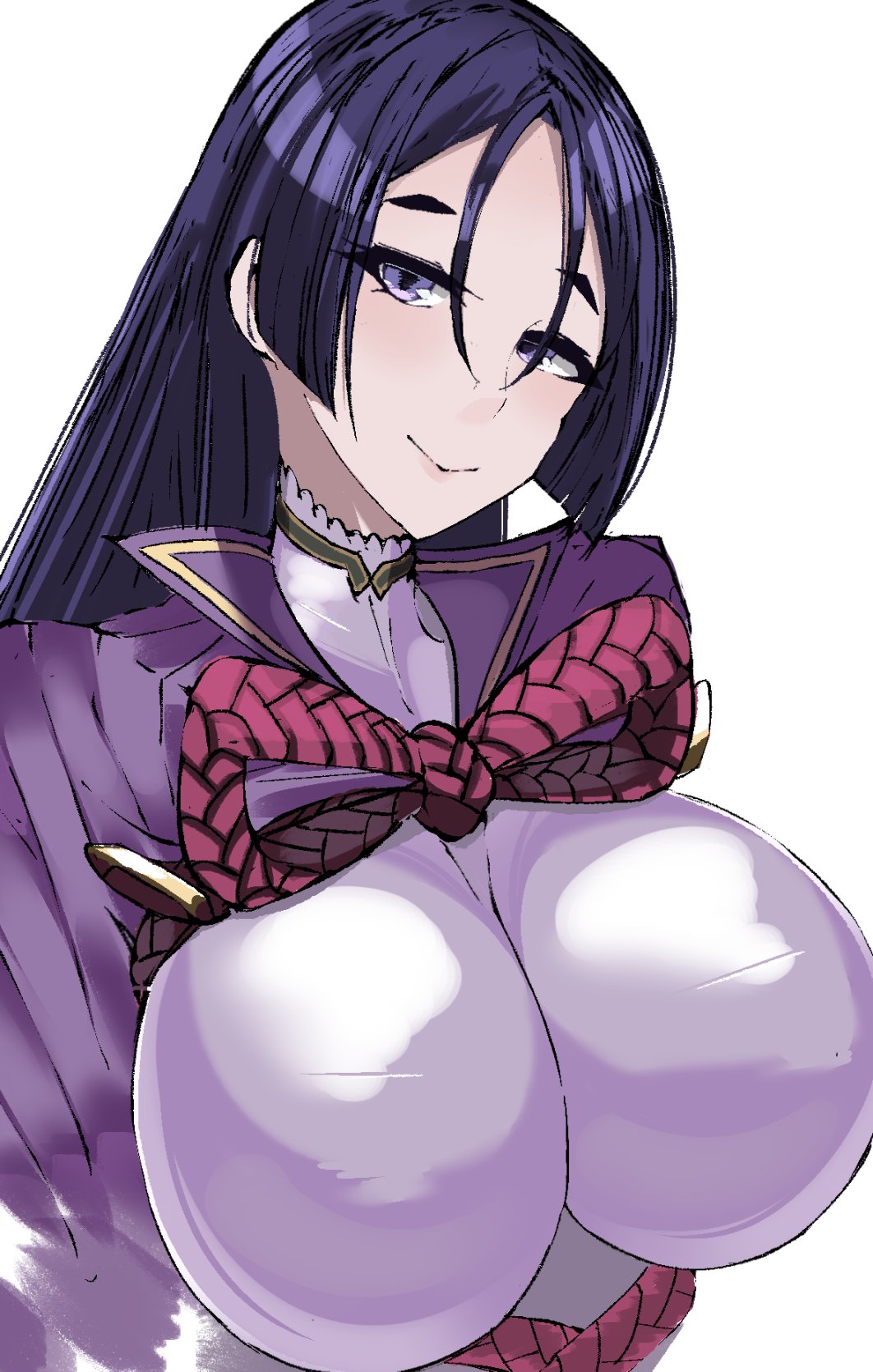 1girl bodysuit breasts fate/grand_order fate_(series) highres large_breasts long_hair minamoto_no_raikou_(fate) parted_bangs purple_bodysuit purple_eyes purple_hair ribbed_sleeves solo upper_body very_long_hair volyz