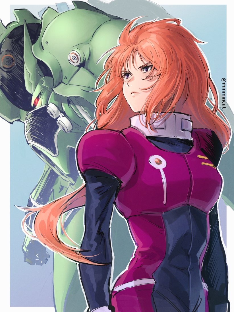 1girl breasts chanmura clenched_hand floating_hair frown glowing glowing_eye gundam gundam_unicorn kshatriya long_hair looking_to_the_side marida_cruz mecha mecha_pilot_suit medium_breasts normal_suit_(gundam) one-eyed orange_hair pilot_suit purple_eyes red_eyes robot science_fiction v-shaped_eyebrows