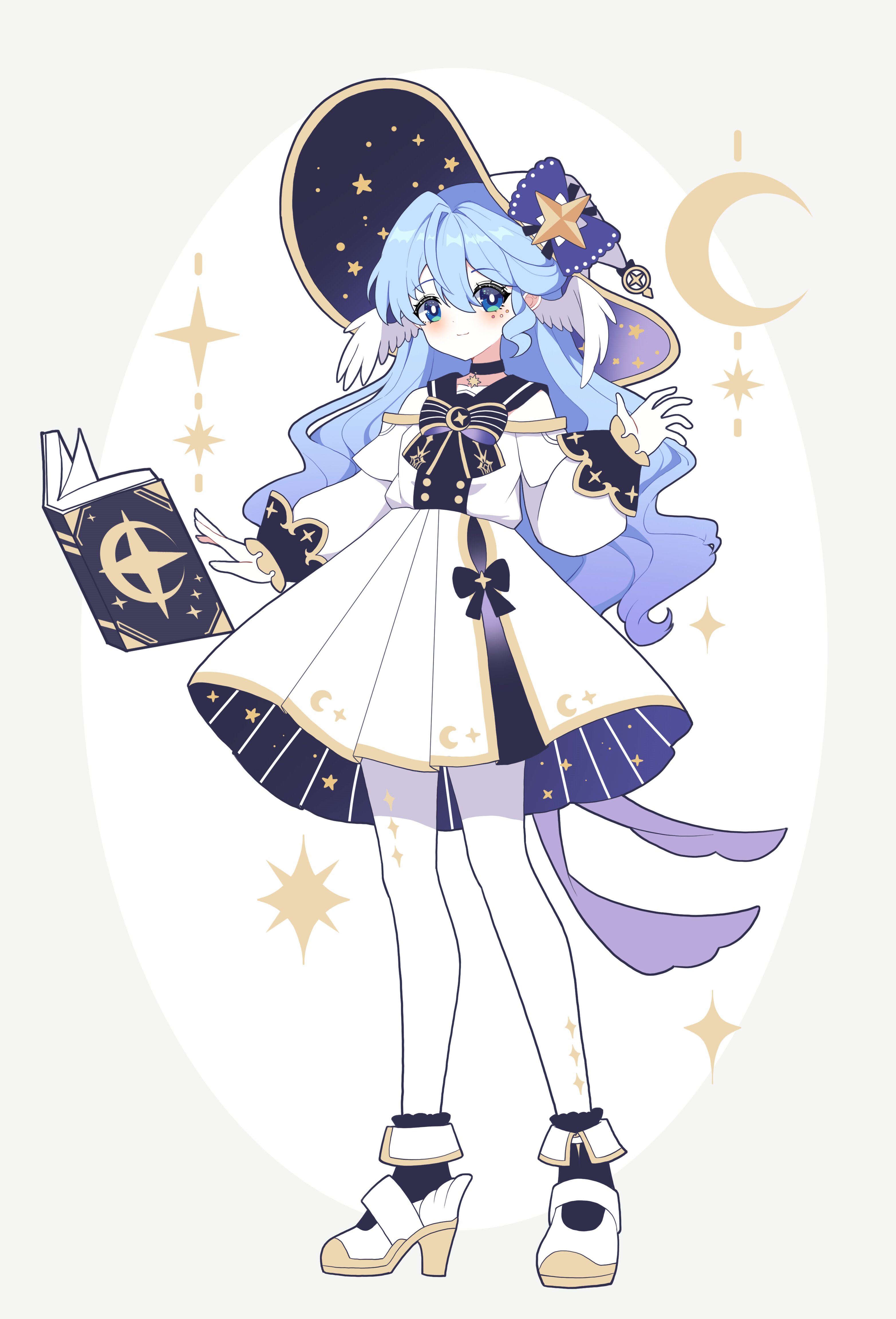 1girl absurdres alternate_costume aqua_eyes black_choker blue_hair choker closed_mouth dress facial_mark ff2074 full_body gloves hair_between_eyes hand_up hat head_wings high_heels highres honkai:_star_rail honkai_(series) long_hair long_sleeves looking_at_viewer pantyhose robin_(honkai:_star_rail) simple_background smile solo standing white_background white_dress white_footwear white_gloves white_hat white_pantyhose white_wings wings