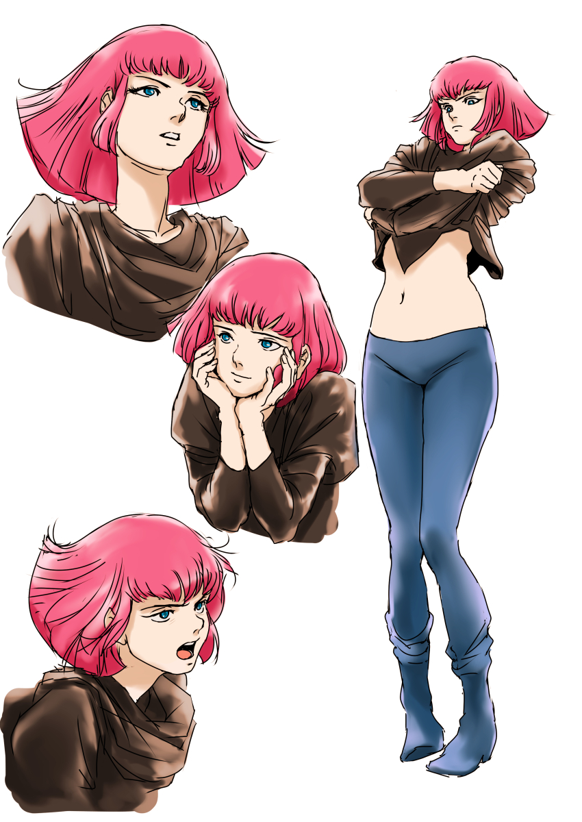 1girl blue_eyes closed_mouth female_focus gundam haman_karn highres navel pink_hair short_hair simple_background smile solo teikoku_jokyoku undressing white_background zeta_gundam
