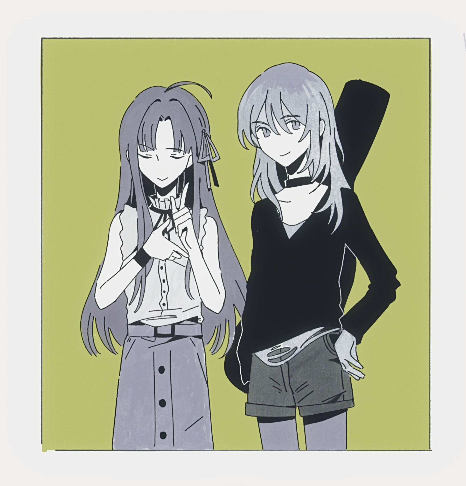2girls ahoge awa_subaru border buttons choker closed_eyes closed_mouth commentary girls_band_cry green_background greyscale_with_colored_background guitar_case hair_between_eyes hair_ribbon hand_on_own_hip highres instrument_case kawaragi_momoka lifop long_hair long_sleeves multiple_girls parted_bangs ribbon shirt shorts sidelocks skirt smile symbol-only_commentary v-neck white_border