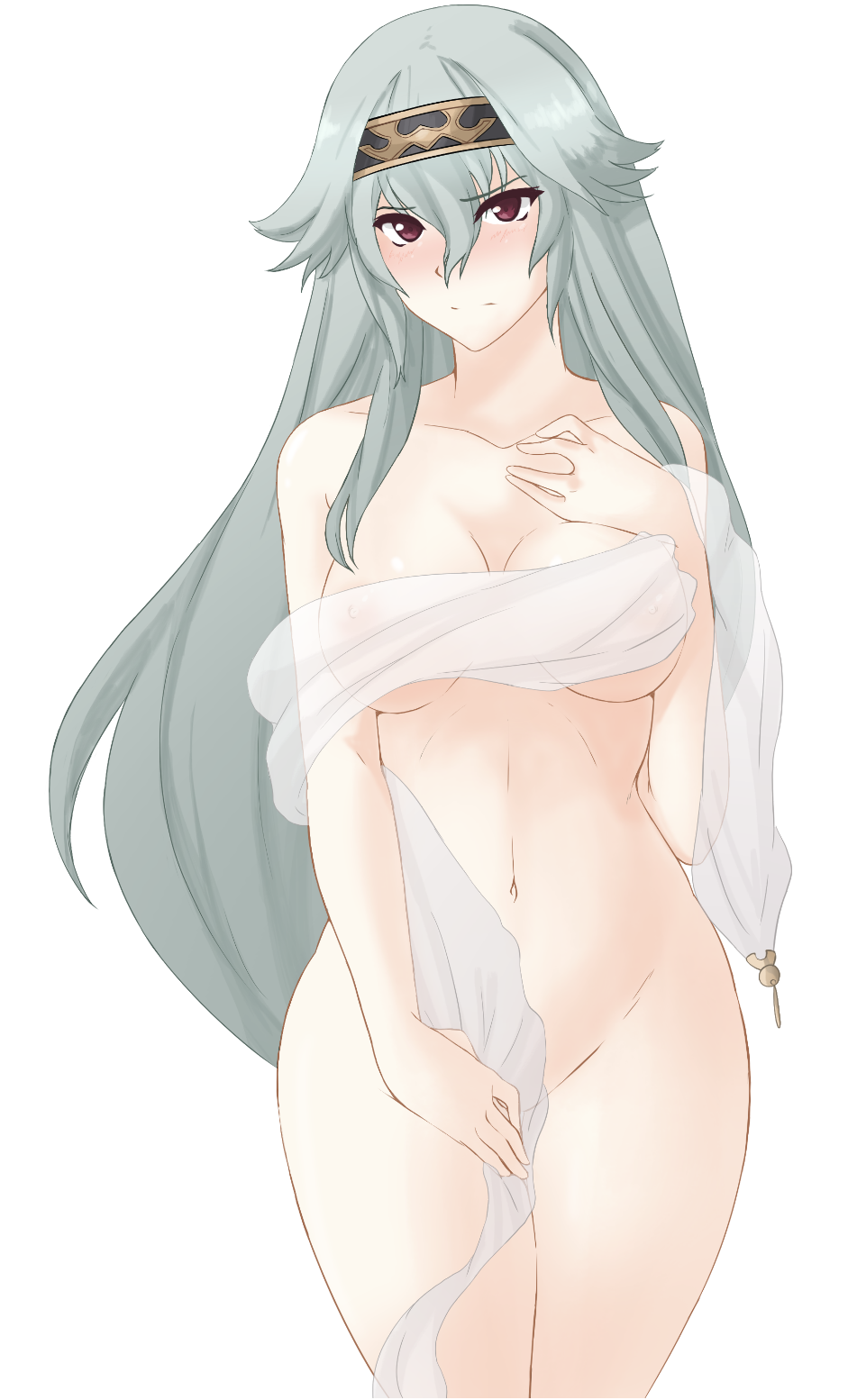 1girl agarest_senki agarest_senki_(series) archived_source blush breasts cleavage closed_mouth collarbone covering_crotch covering_privates cowboy_shot curvy dyshana_(agarest_senki) embarrassed facing_viewer female_focus hair_between_eyes hand_on_own_chest headband highres long_hair looking_at_viewer medium_breasts navel nipples nude red_eyes see-through_clothes silver_hair solo thighs transparent_background tridisart very_long_hair wide_hips