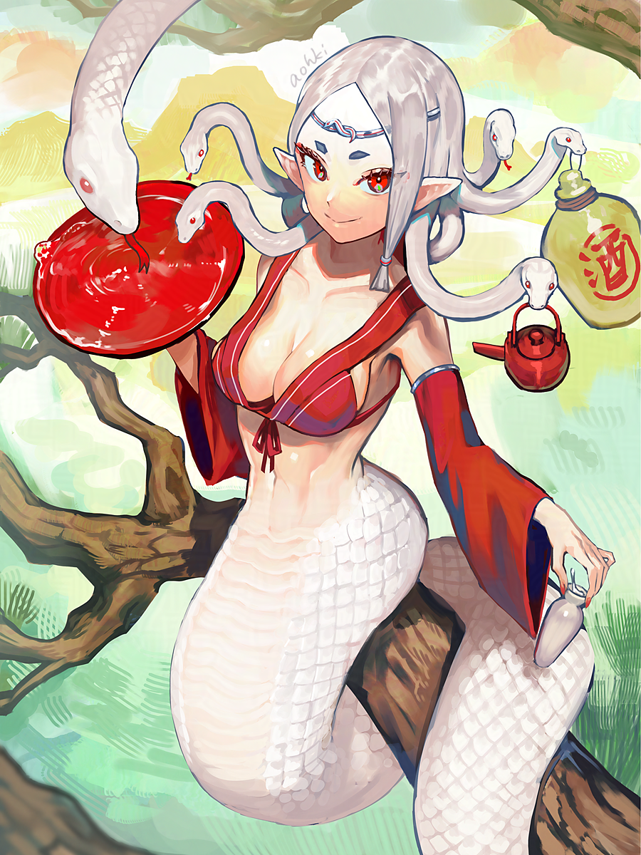 1girl bra breasts circlet cleavage closed_mouth commentary_request cup detached_sleeves hand_up highres holding holding_cup lamia lantern long_hair long_sleeves looking_at_viewer medium_breasts monster_girl original parted_bangs red_bra red_eyes red_ribbon red_sleeves ribbon sakazuki smile snake snake_hair solo stomach teapot toned toned_female tree underwear waterstaring white_hair white_scales white_snake