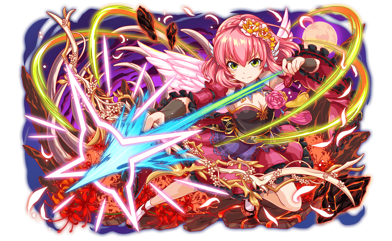 1girl ankle_bow ankle_ribbon arrow_(projectile) artist_request back_bow beoseon bow bow_(weapon) braid breasts bridal_gauntlets cleavage crash_fever crown_braid detached_collar detached_sleeves ear_wings flower frilled_skirt frilled_sleeves frills full_body full_moon game_cg gloves gomusin green_eyes grey_gloves hair_between_eyes hair_flower hair_ornament hanrakgungi_(crash_fever) holding holding_bow_(weapon) holding_weapon juliet_sleeves korean_clothes lace lace-trimmed_skirt lace_trim light_particles long_sleeves medium_breasts moon norigae official_art outline parted_lips pink_hair pink_wings puffy_sleeves purple_sky red_bow red_flower red_outline red_skirt red_sleeves ribbon saturated serious sidelocks skirt sky sleeveless socks solo spider_lily tachi-e transparent_background v-shaped_eyebrows weapon white_flower white_socks white_wings wide_sleeves wings yellow_flower