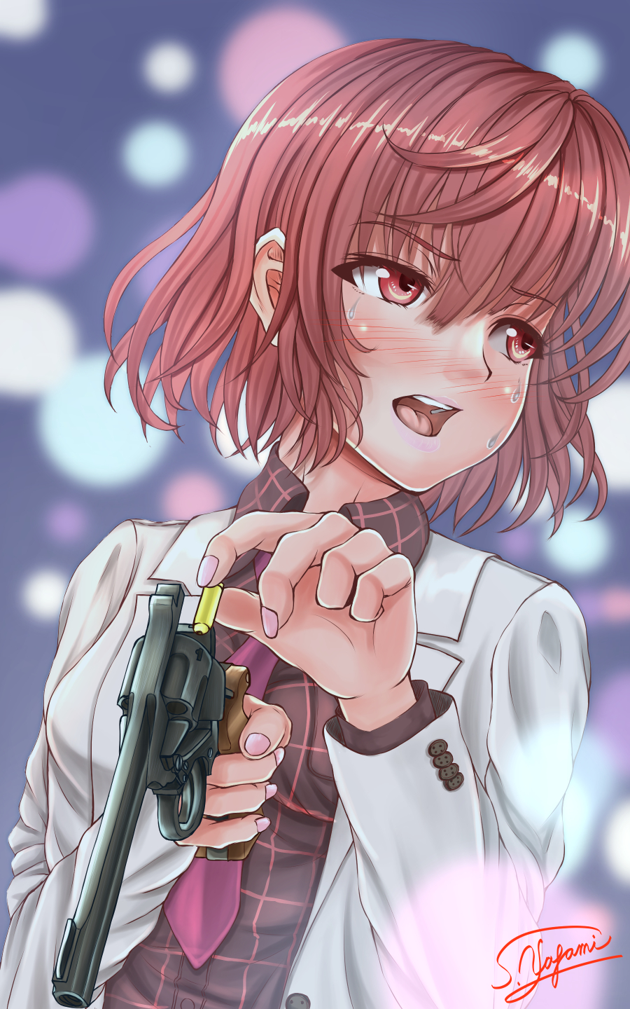 1girl black_shirt blurry blurry_background bullet collared_shirt gun highres holding holding_gun holding_weapon horikawa_raiko jacket multicolored_background nail_polish necktie open_mouth pink_nails plaid_clothes plaid_shirt purple_necktie red_eyes red_hair shirt short_hair signature solo touhou upper_body weapon white_jacket yagamin258