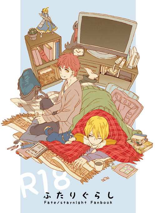 2boys ahoge artoria_pendragon_(fate) bad_id bad_pixiv_id blanket blonde_hair character_doll doll emiya_shirou fate/stay_night fate_(series) gilgamesh_(fate) grail-kun multiple_boys nakatani_(naka6130) red_hair saber_(fate) television