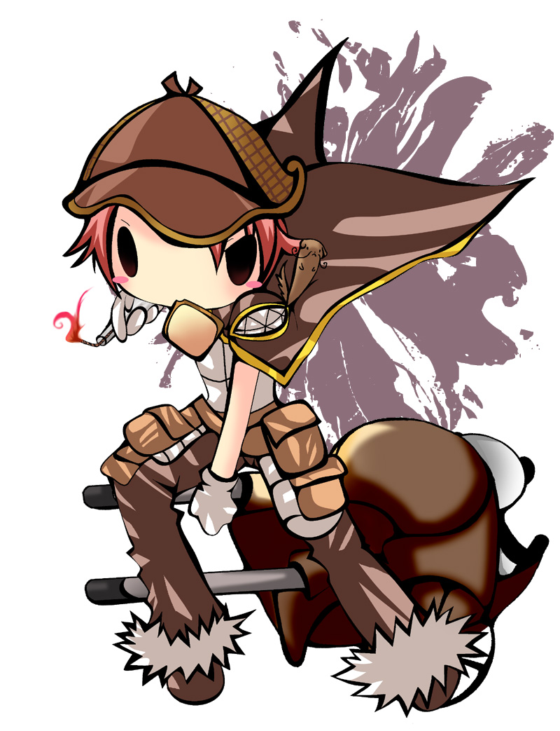 1boy 2000s_(style) belt belt_pouch blush blush_stickers bread bread_slice brown_belt brown_cape brown_hat brown_pants cape chibi chibi_only commentary_request creator_(ragnarok_online) deerstalker food food_in_mouth full_body fur-trimmed_pants fur_trim gloves grey_gloves grey_shirt hat looking_at_viewer male_focus molotov_cocktail mouth_hold pants pink_hair pouch pullcart ragnarok_online shirt short_hair sleeveless sleeveless_shirt solid_oval_eyes solo toast toast_in_mouth yu_(lilacxx)