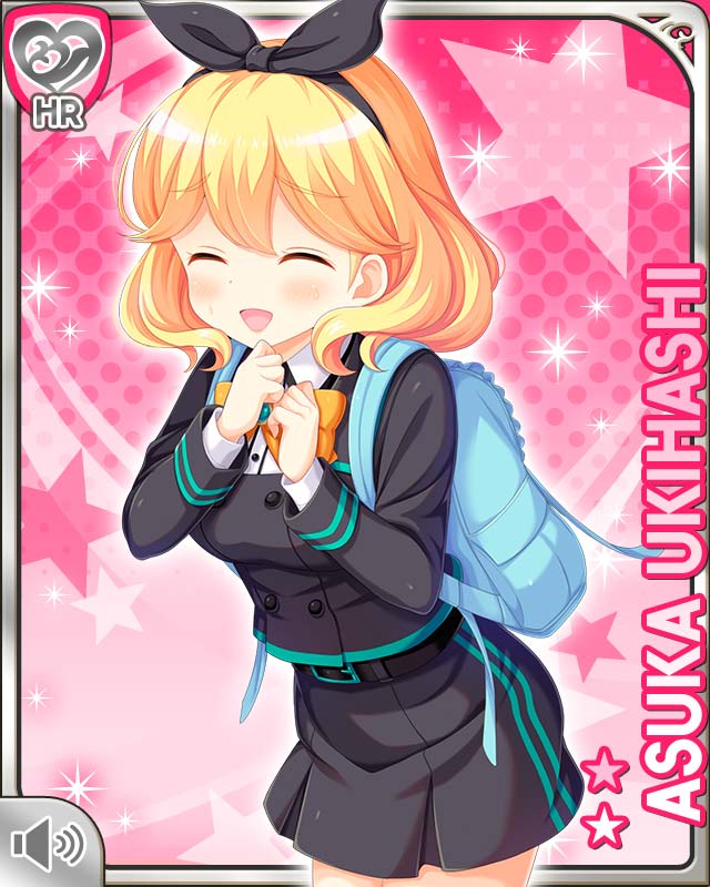 1girl backpack bag blonde_hair bow bowtie breasts brown_eyes card_(medium) closed_eyes girlfriend_(kari) grey_shirt grey_skirt hair_bow medium_breasts official_art open_mouth orange_bow qp:flapper school_uniform shirt short_hair skirt smile solo tagme thighhighs ukihashi_asuka white_thighhighs