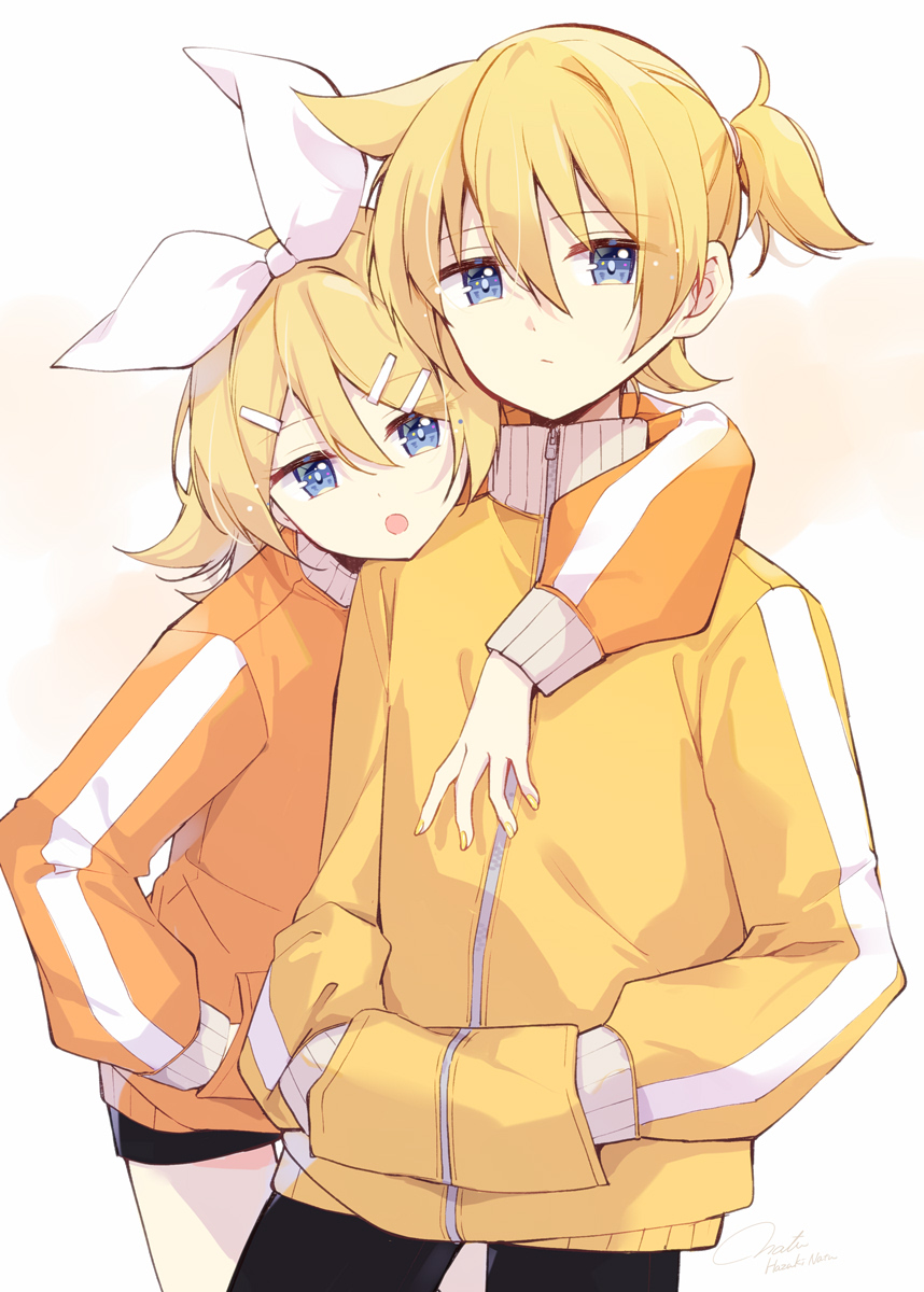 1boy 1girl arm_around_neck black_pants black_shorts blonde_hair blue_eyes bow commentary_request cowboy_shot frown hair_bow hair_ornament hairclip hands_in_pockets hazuki_natsu highres jacket kagamine_len kagamine_rin long_sleeves looking_at_viewer open_mouth orange_background orange_jacket pants ponytail short_hair short_ponytail shorts simple_background track_jacket vocaloid white_background white_bow yellow_jacket