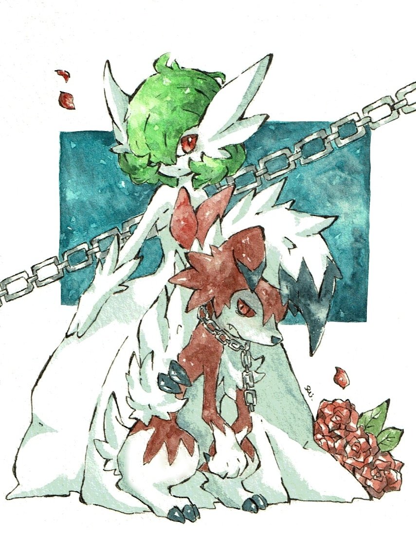 bob_cut chain claws dress fang flower game_freak gardevoir gen_3_pokemon gen_7_pokemon green_hair hair_over_one_eye looking_at_viewer lycanroc lycanroc_(midnight) mega_gardevoir mega_pokemon nintendo petals pink_eyes pokemon pokemon_(creature) rai_(rai_kw) rose two-tone_fur white_dress