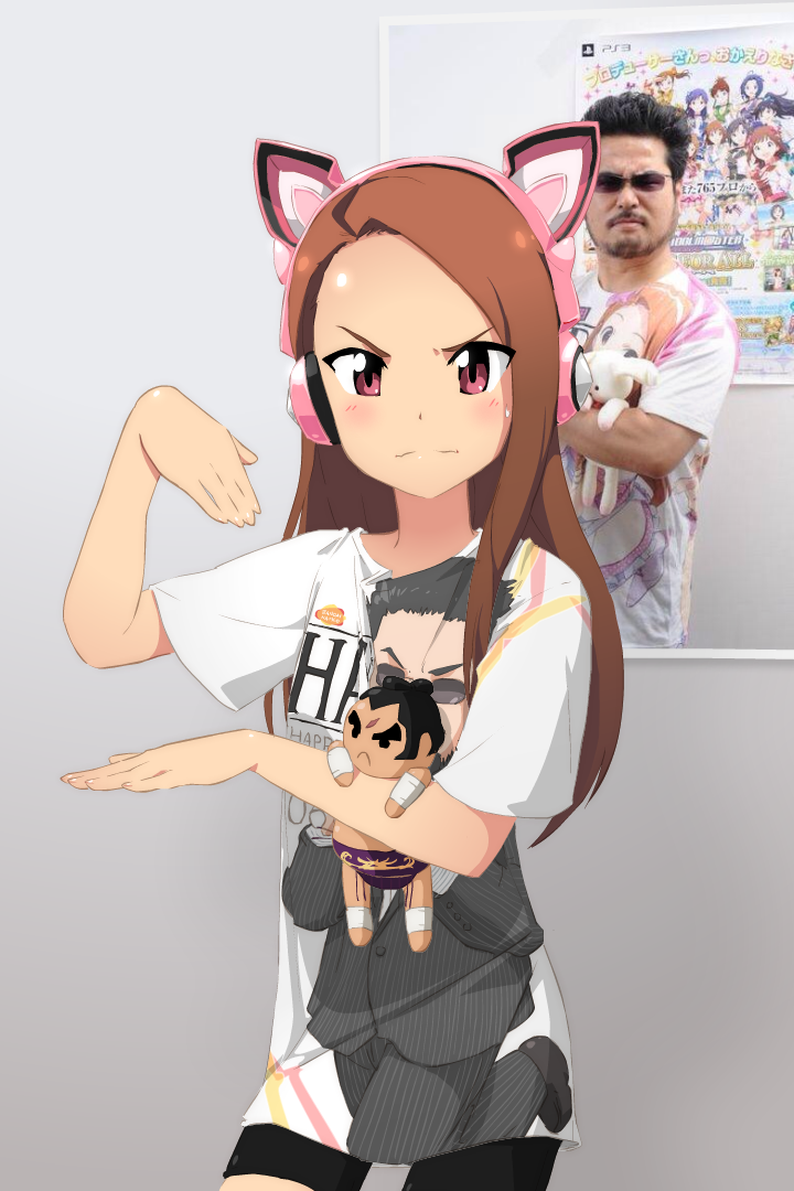 1boy 1girl animal_ear_headphones animal_ears bike_shorts black_hair blush brown_hair cat_ear_headphones character_doll derivative_work doll facial_hair fake_animal_ears ganryu_(tekken) glasses harada_katsuhiro headphones idolmaster idolmaster_(classic) john_su kinnikuman long_hair minase_iori photo-referenced photo_(medium) photo_inset poster_(object) reference_inset reference_photo shirt stuffed_animal stuffed_rabbit stuffed_toy sweatdrop t-shirt tekken wolfman