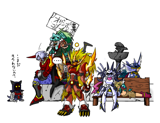 2girls 4boys apollomon artist_request bored dianamon digimon digimon_(creature) fire holding holding_phone kotemon long_hair looking_to_the_side marsmon mask mercurymon minervamon monster_boy multiple_boys multiple_girls muscular neptunemon olympos_xii pectorals phone serious shaman sitting translation_request weapon whamon wolf_mask yellow_eyes