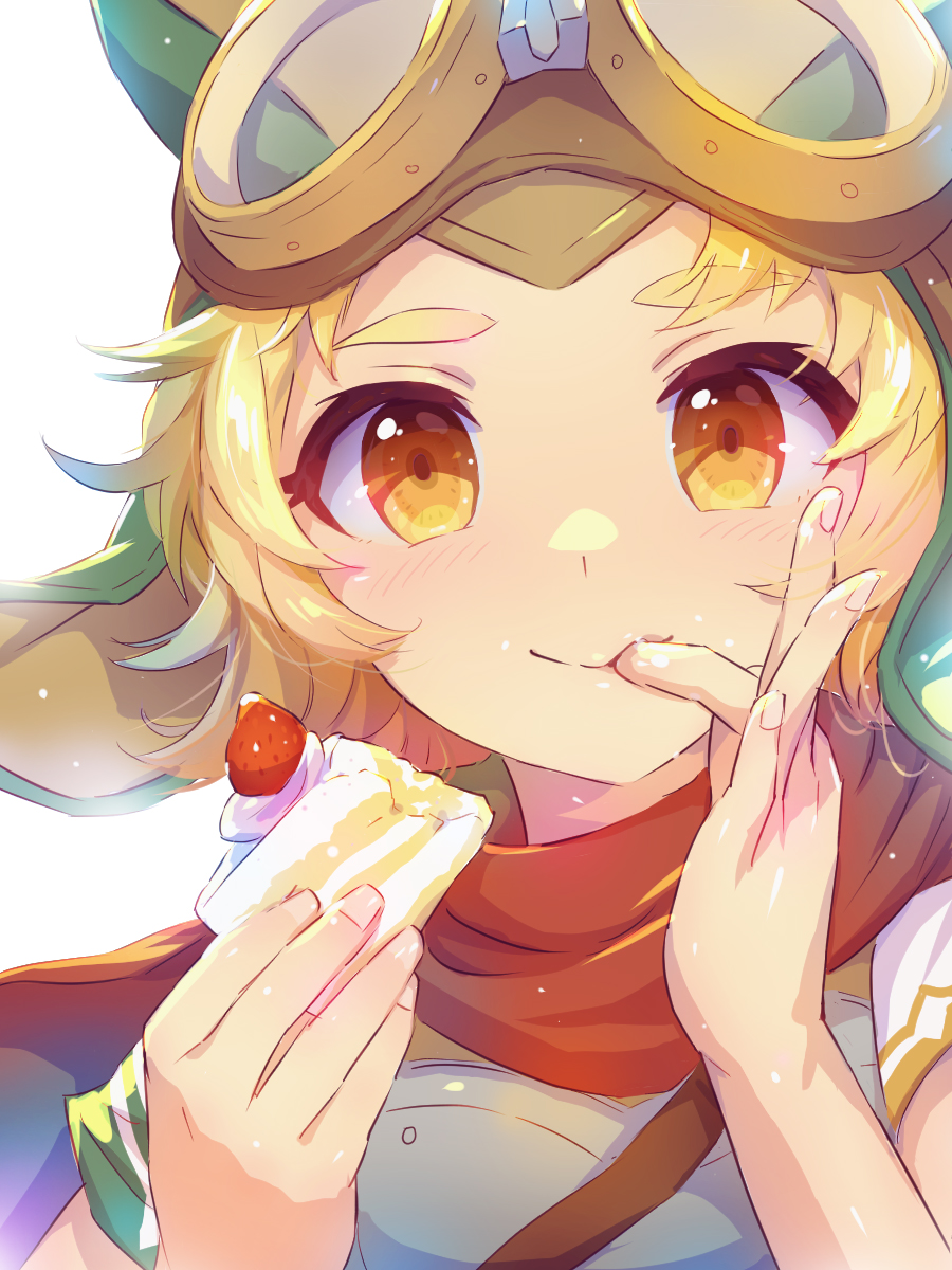 1girl animal_ears blonde_hair blush cake child coba_(coba_xp) food happy_birthday hat highres looking_at_viewer matsuri_(princess_connect!) princess_connect! smile tiger_ears tiger_girl yako_noir yellow_eyes