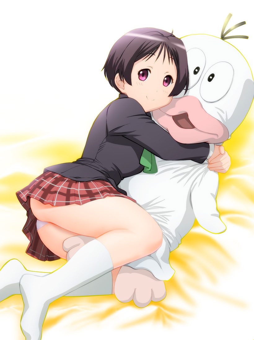 10s 1girl black_hair blush chuunibyou_demo_koi_ga_shitai! female_focus hug looking_at_viewer lying obake_no_q-tarou on_side panties pantyshot pink_eyes q-tarou school_uniform short_hair skirt socks solo stuffed_animal stuffed_toy tsuyuri_kumin ueyama_michirou underwear upskirt white_panties