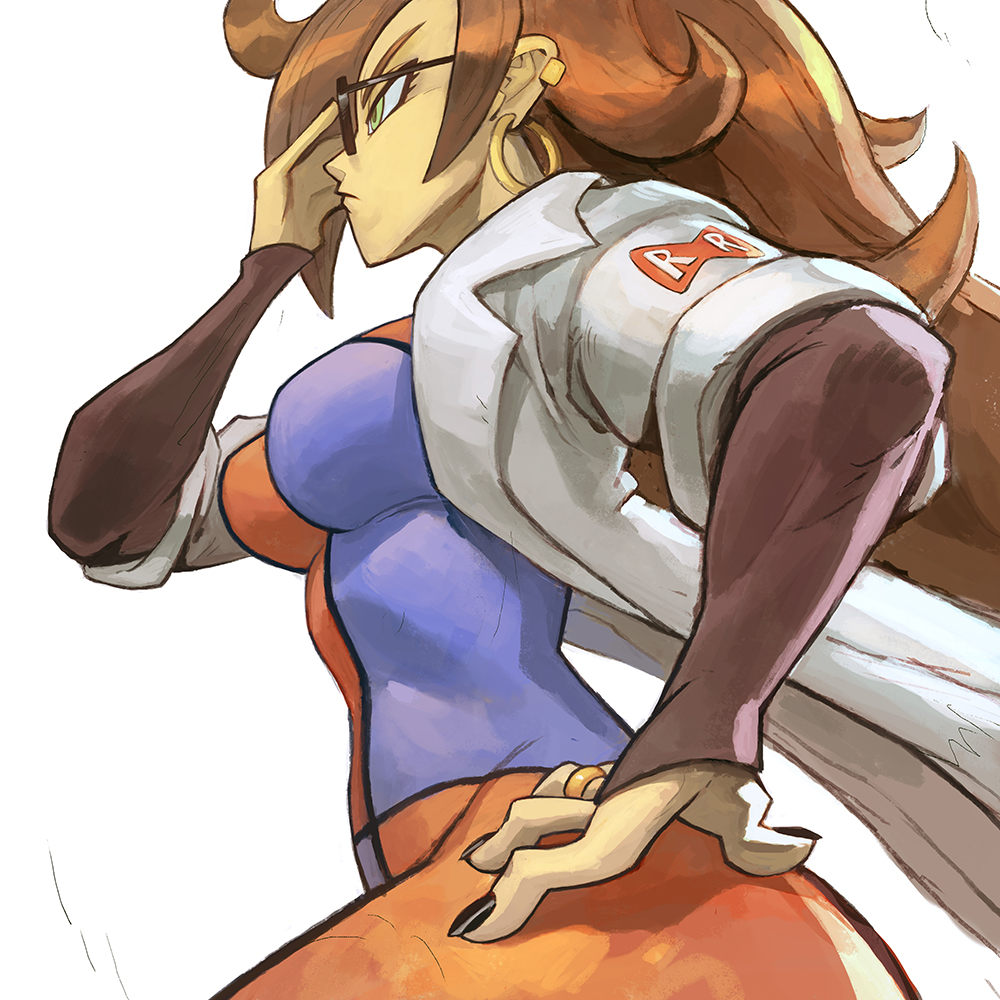 1girl adjusting_eyewear android_21 black_nails brown_hair collared_coat dragon_ball dragon_ball_fighterz dress earrings garrett_hanna glasses green_eyes hand_on_own_hip hoop_earrings jacket jewelry lab_coat long_hair long_sleeves open_clothes open_jacket red_ribbon_army ring solo two-tone_dress white_background
