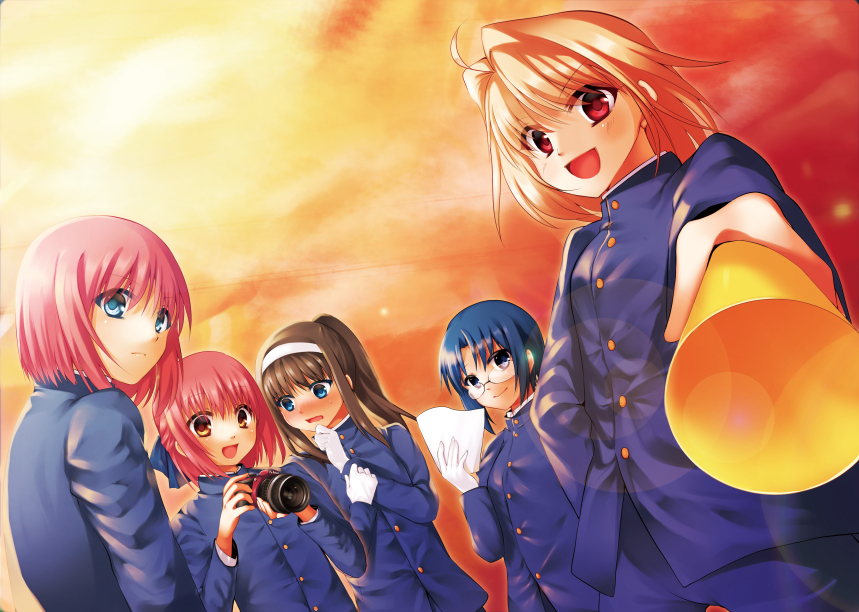 00s 5girls arcueid_brunestud bad_id bad_pixiv_id black_skirt blonde_hair blue_hair blush bow buttons camera ciel_(tsukihime) from_below gakuran glasses gloves hair_bow hairband hand_on_own_chin hisui_(tsukihime) holding holding_paper instrument kohaku_(tsukihime) lens_flare looking_at_viewer looking_to_the_side megaphone multiple_girls paper ponytail red_eyes red_hair ribbon school_uniform siblings sisters skirt sky sunset tohno_akiha trumpet tsukihime twins white_gloves yasuo_(torinikukani)