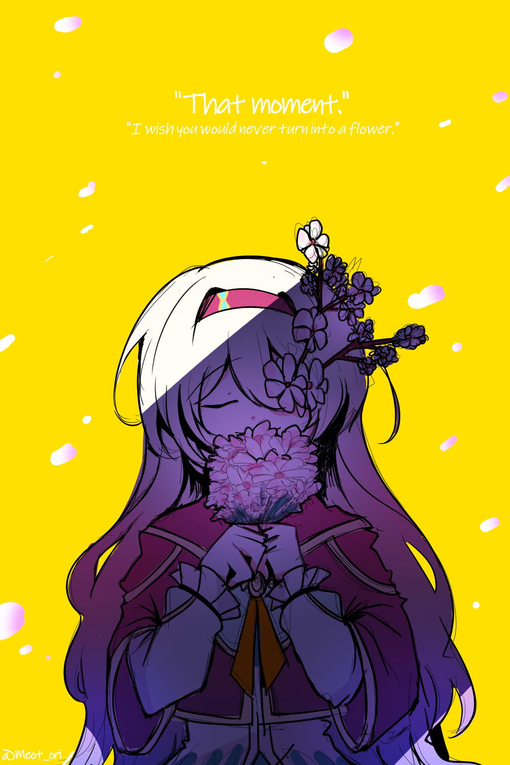 1girl aqua_dress closed_eyes cropped_jacket dress electronduck english_text falling_petals firefly_(honkai:_star_rail) flower flower_on_head grey_hair hair_between_eyes hair_intakes highres holding holding_flower honkai:_star_rail honkai_(series) neckerchief orange_neckerchief petals pink_flower yellow_background