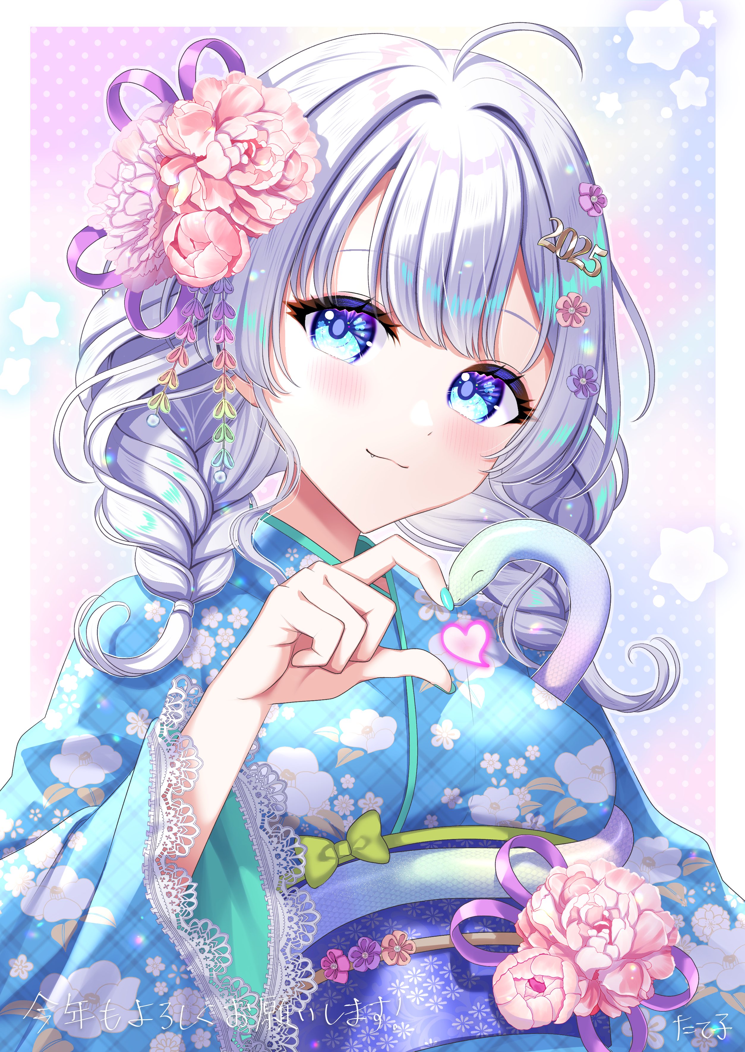 1girl absurdres aqua_nails blue_eyes blue_kimono blue_sash blush braid breasts closed_mouth commentary_request cowlick fingernails floral_print floral_print_kimono flower hair_flower hair_ornament half-heart_hands highres japanese_clothes kimono long_hair looking_at_viewer medium_breasts nail_polish obi original pink_flower print_kimono sash snake solo tateko25wiz translation_request upper_body white_hair white_snake
