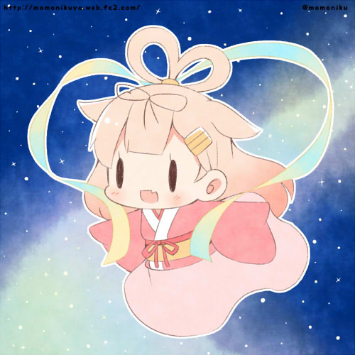 10s 1girl alternate_costume black_ribbon blonde_hair commentary_request cosplay fang female_focus hair_flaps hair_ornament hair_ribbon hairclip japanese_clothes kantai_collection kimono long_hair lowres momoniku_(taretare-13) night night_sky open_mouth orihime_(cosplay) orihime_(tanabata) ribbon sky solo yuudachi_(kancolle)