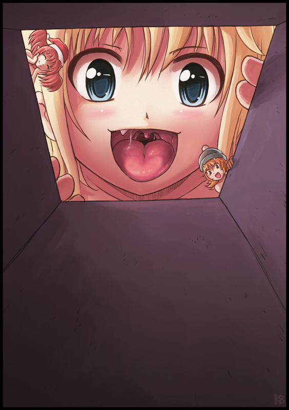 3girls beanie blonde_hair blue_eyes box crisis fang felarya giant giantess hat karbo multiple_girls open_mouth santa_hat subeta uvula
