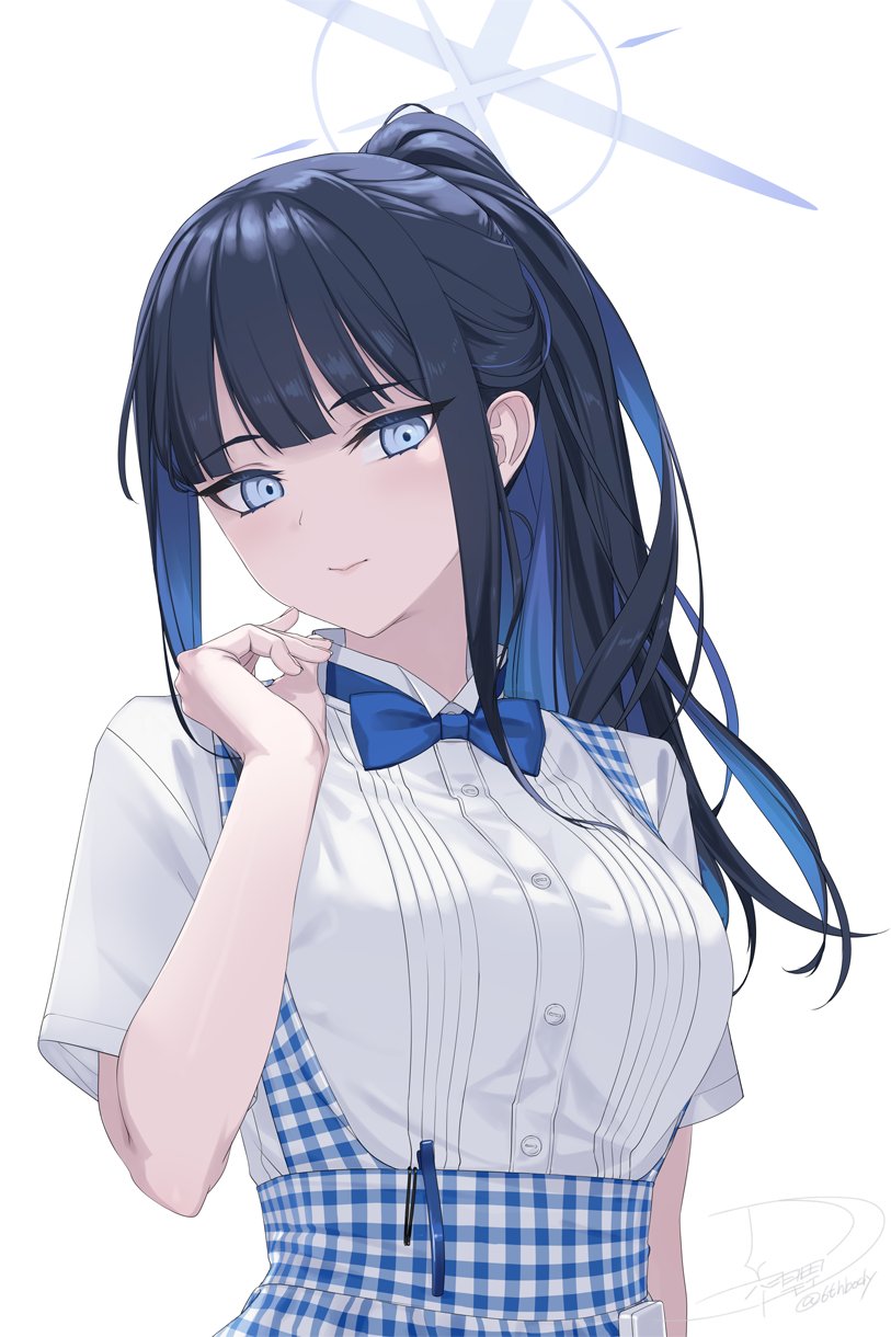 1girl apron blue_apron blue_archive blue_bow blue_bowtie blue_eyes blue_hair blue_halo blue_skirt blush bow bowtie breasts checkered_apron checkered_clothes employee_uniform gingham gingham_apron gingham_skirt halo highres kobeya_uniform long_hair looking_at_viewer medium_breasts pleated_shirt rokuwata_tomoe saori_(blue_archive) shirt short_sleeves simple_background skirt smile solo upper_body waitress white_shirt