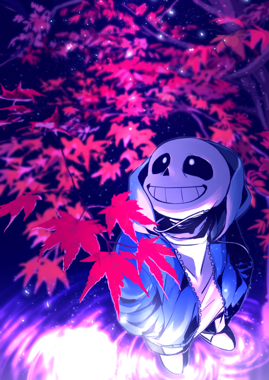 1boy ahin_vpv autumn_leaves black_sclera blue_jacket colored_sclera grin highres hood hoodie jacket leaf looking_up male_focus sans_(undertale) skeleton smile solo teeth tree undertale white_eyes