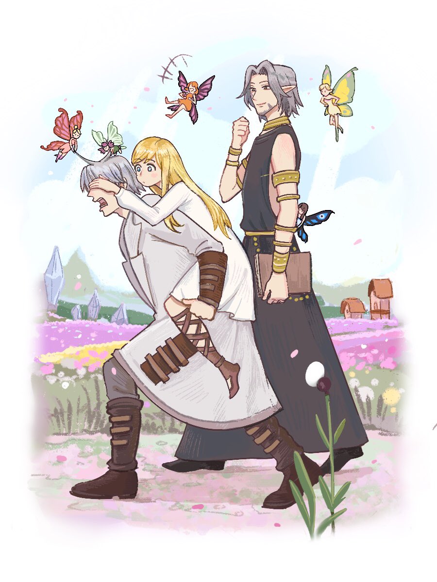 1girl 2boys aradied armlet beard black_robe blonde_hair blue_eyes book bracelet brown_footwear carrying closed_mouth collar covering_another&#039;s_eyes dark_elf dress elf facial_hair fairy field final_fantasy final_fantasy_xiv flower flower_field flying highres holding holding_book jacket jewelry laughing long_hair metal_collar multiple_boys multiple_bracelets open_mouth piggyback pointy_ears robe ryne_waters shadow short_hair shouting teeth thancred_waters urianger_augurelt very_long_hair walking white_dress white_hair white_jacket