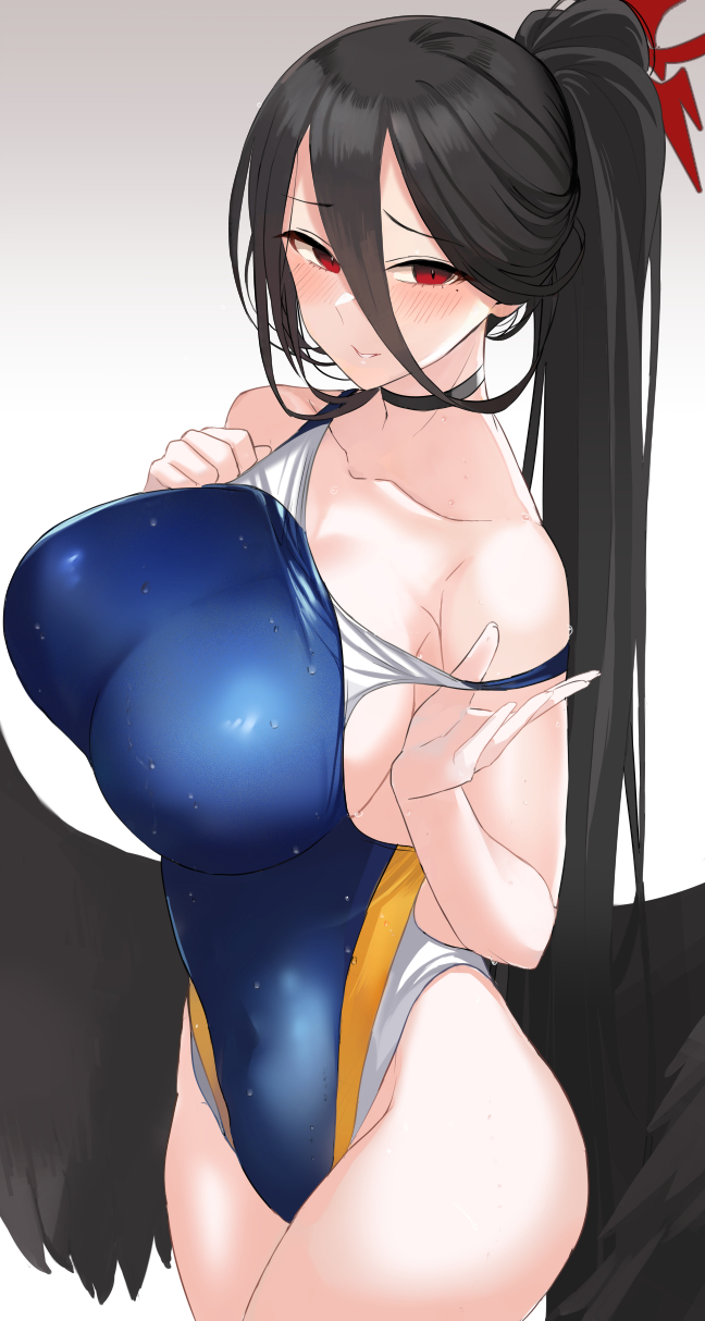 1girl ashita_(2010) bare_shoulders black_hair black_wings blue_archive blue_one-piece_swimsuit blush breasts choker collarbone competition_swimsuit covered_navel feathered_wings hair_between_eyes halo hasumi_(blue_archive) high_ponytail highleg highleg_one-piece_swimsuit highres huge_breasts long_hair looking_at_viewer mole mole_under_eye one-piece_swimsuit ponytail red_eyes solo swimsuit thighs very_long_hair wet wings