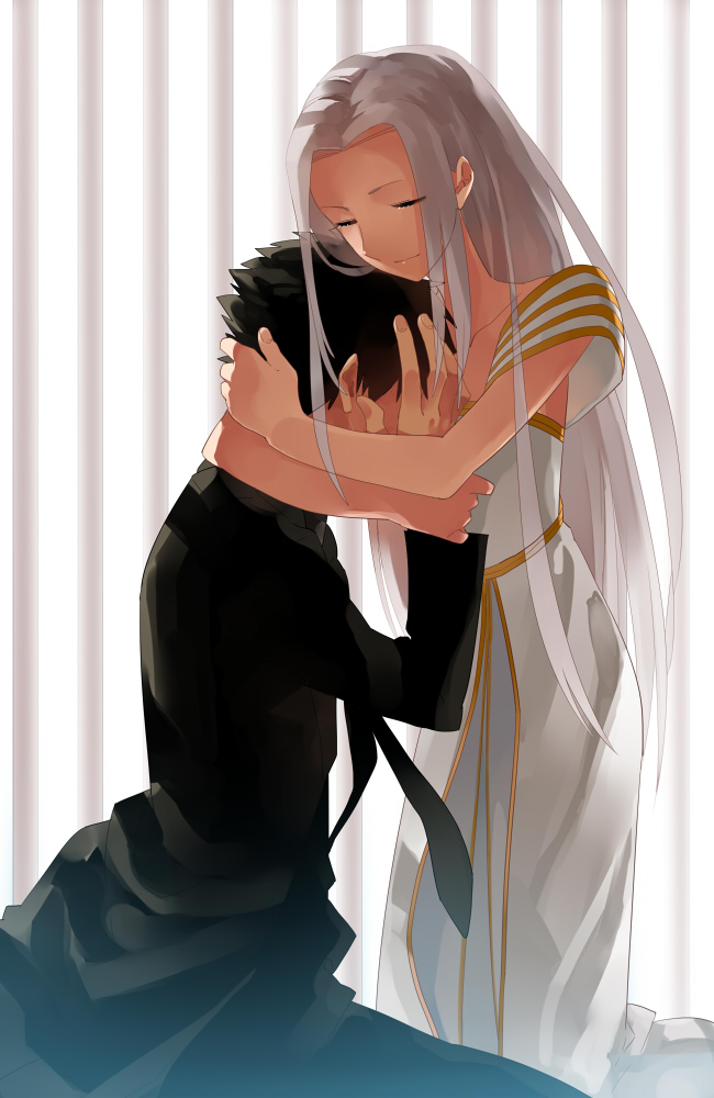 1boy 1girl bad_id bad_pixiv_id black_hair closed_eyes comforting dress emiya_kiritsugu facial_hair fate/zero fate_(series) gum_(gmng) gumidemo_kandero hetero hug husband_and_wife irisviel_von_einzbern irisviel_von_einzbern_(angel&#039;s_song) long_hair smile stubble white_hair