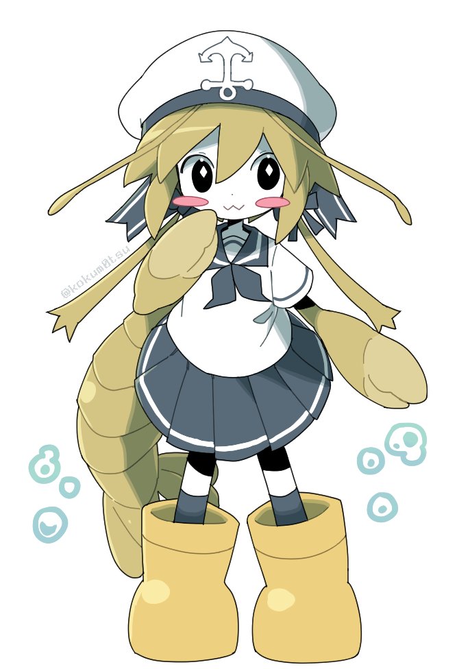 1boy :3 anchor anchor_hat_ornament antennae black_eyes blonde_hair blush_stickers boots bow bubble claws crab_claw crossdressing crossdressing_(mtf) diamond-shaped_pupils diamond_(shape) full_body green_hair hair_bow hair_ornament hat hat_ornament humanization kokum0tsu looking_to_the_side male_focus monster_boy mud_shrimp original oversized_boots sailor_collar sailor_hat school_uniform short_hair shrimp shrimp_tail skirt socks solo solo_focus symbol-shaped_pupils tail trap white_background