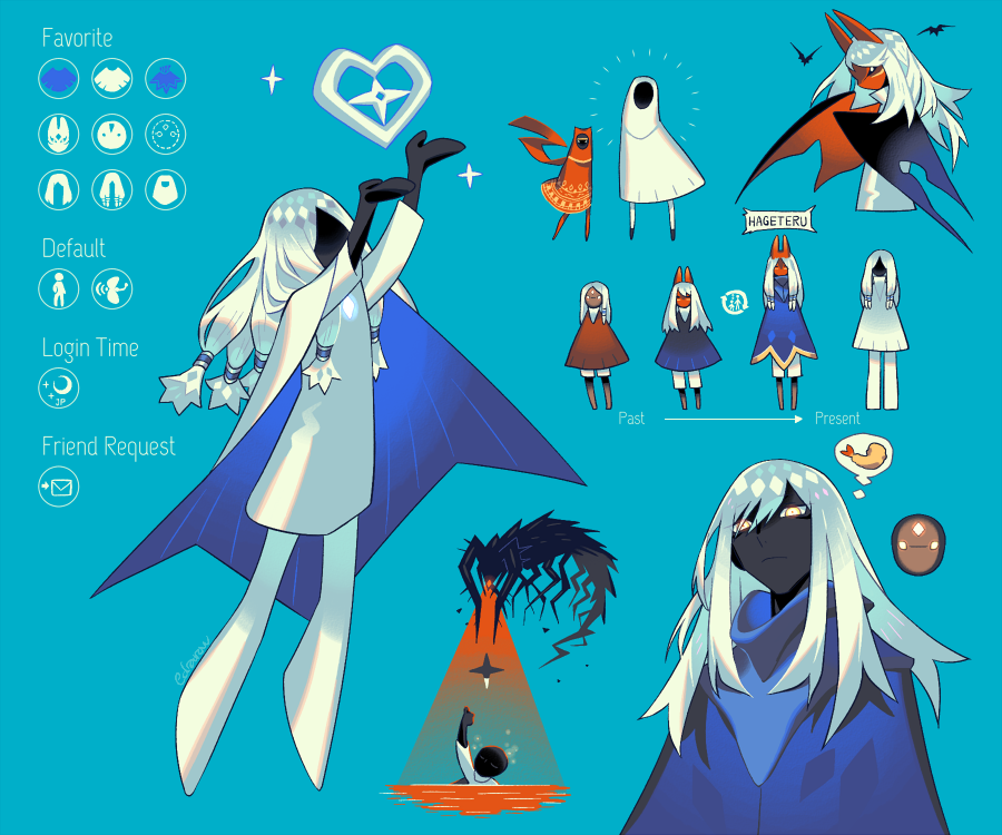 1other arms_up blue_background blue_cloak cloak creature dark_skin edarow english_text fox_mask glowing glowing_eyes long_hair low-tied_long_hair mask multiple_views sky:_children_of_the_light sky_child white_hair
