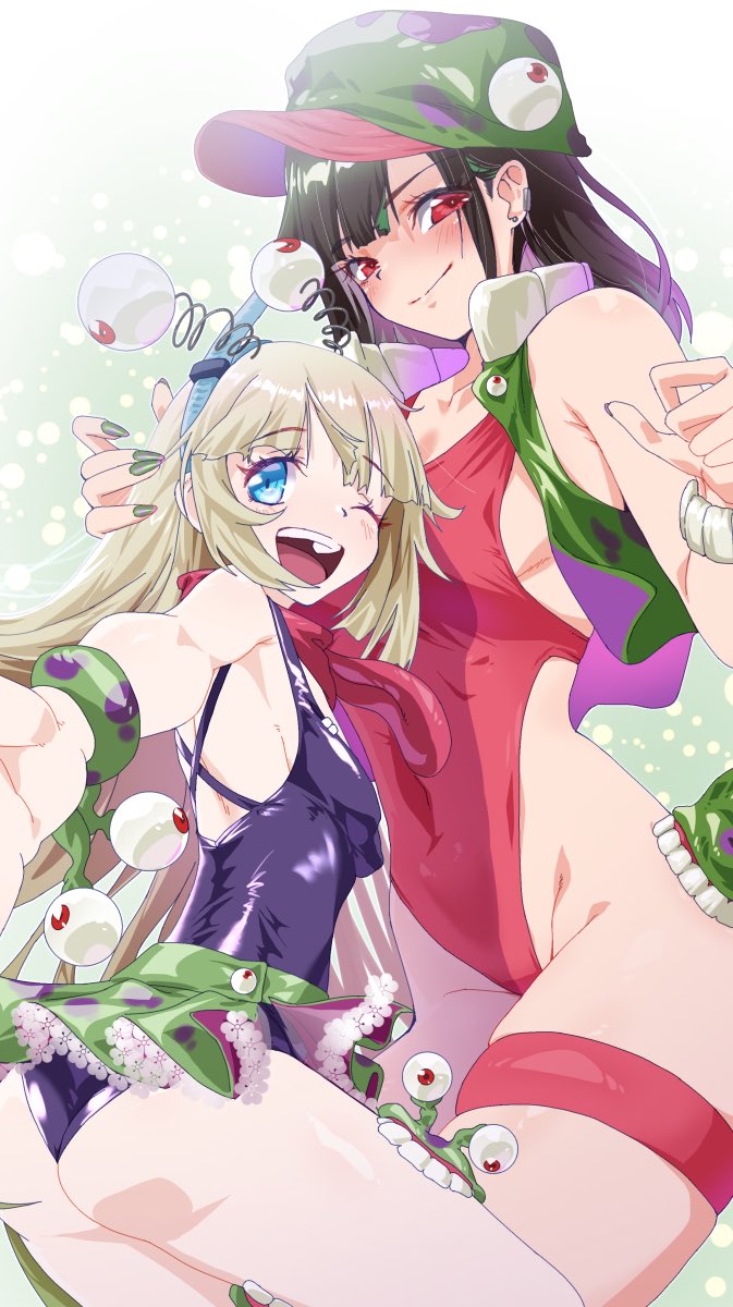 2girls ass black_hair blonde_hair blue_eyes digimon gerusyu happy hat highres jacket long_hair looking_at_viewer luche multiple_girls one_eye_closed red_eyes swimsuit tamahime_satsuki teeth wink