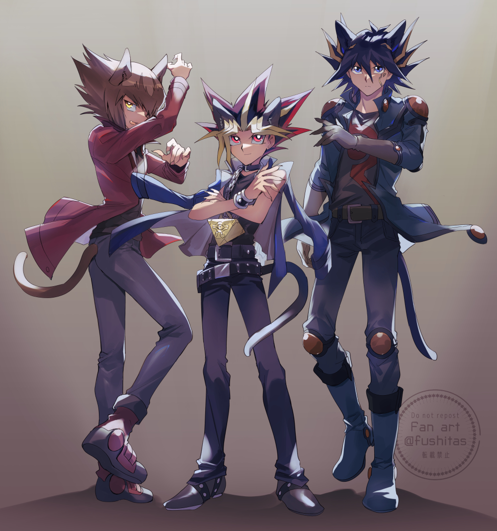 3boys animal_ears black_gloves blue_eyes blue_jacket brown_hair cat_boy cat_ears cat_tail closed_mouth crossed_arms fingernails fudo_yusei full_body fushitasu gloves grey_background grey_pants hair_between_eyes jacket jacket_on_shoulders kemonomimi_mode knee_pads male_focus millennium_puzzle multiple_boys pants red_eyes red_jacket sharp_fingernails shoes simple_background spiked_hair standing tail yami_yugi yu-gi-oh! yu-gi-oh!_5d&#039;s yu-gi-oh!_gx yuki_judai