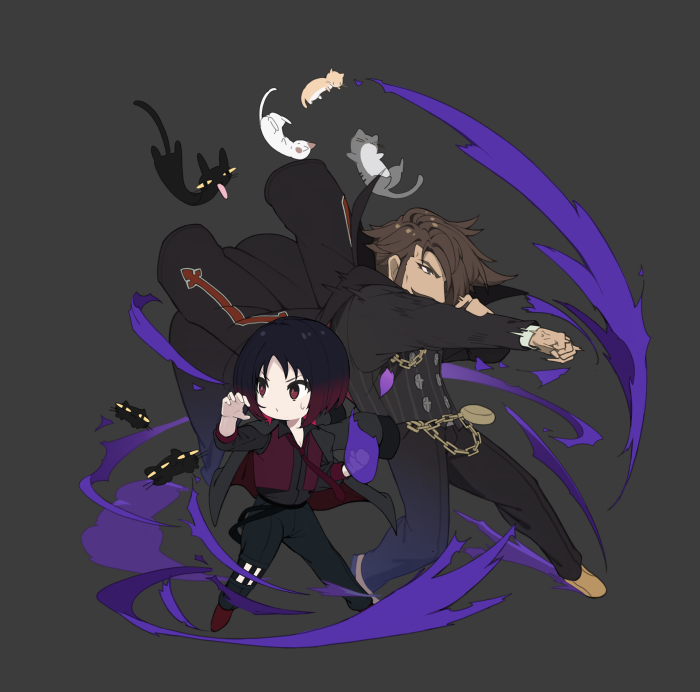 1boy 1girl black_hair brown_hair cat chibi facial_hair gradient_hair guilty_gear kisaragi_ren_(vtuber) long_sleeves multicolored_hair pants punching red_eyes red_hair short_hair slayer_(guilty_gear) touzai_(poppin_phl95) vampire virtual_youtuber vspo!