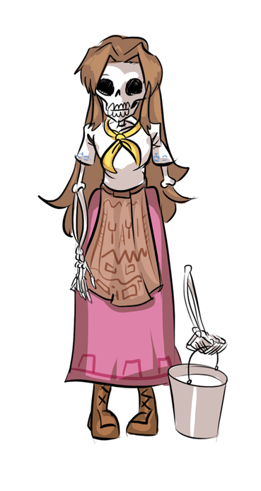 1girl apron boots brown_hair bucket calaca detached_arm dia_de_muertos emaciated female_focus full_body long_hair long_skirt malon mario_grant milk neckerchief nintendo pigeon-toed simple_background skeleton skirt solo the_legend_of_zelda the_legend_of_zelda:_ocarina_of_time white_background