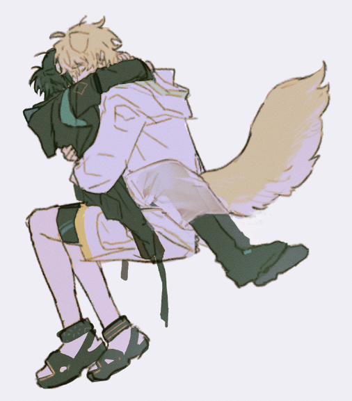 2boys animal_ears anklet arknights arm_strap arms_on_another&#039;s_shoulder black_hair black_pants black_sandals black_shoes blonde_hair closed_eyes doctor_(arknights) dog_boy dog_ears dog_tail dr_janglong grey_shorts hair_between_eyes hand_on_another&#039;s_back hood hood_down hooded_jacket hug infection_monitor_(arknights) jacket jewelry male_doctor_(arknights) messy_hair multiple_boys pants ponytail sandals see-through_clothes shoes shorts sitting sitting_on_lap sitting_on_person tail tequila_(arknights) thick_eyebrows white_background yaoi