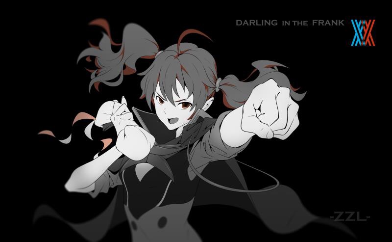 1girl artist_name beret black_background brown_eyes brown_hair copyright_name darling_in_the_franxx female_focus hair_between_eyes hair_ornament hat headwear_request holding holding_unworn_clothes holding_unworn_hat logo long_hair looking_at_viewer miku_(darling_in_the_franxx) monochrome open_mouth simple_background smile solo extendable_limbs twintails uniform unworn_hat unworn_headwear upper_body zzl
