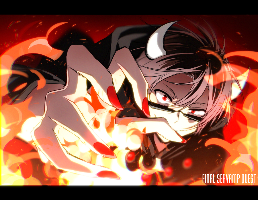1boy aam09212 black_cape black_hair cape demon_horns english_text evil_grin evil_smile fire grin horns male_focus nail_polish official_alternate_costume red_eyes servamp short_hair smile sunglasses tsubaki_(servamp)