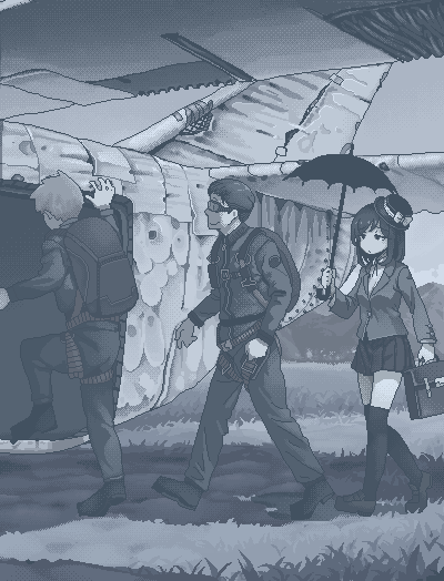 1girl 2boys aircraft airplane blazer blue_theme cosplay empty_eyes goggles hamsterfragment hat holding holding_umbrella jacket mary_poppins_(character) mary_poppins_(character)_(cosplay) medium_hair military military_combat_uniform military_uniform monochrome multiple_boys original paratrooper smile suicidal_girl_(hamsterfragment) umbrella