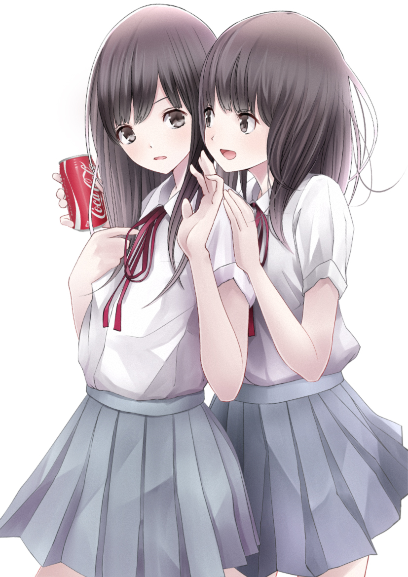 2girls bad_id bad_nicoseiga_id black_eyes black_hair chikuwa_(glossymmmk) chikuwa_(odennabe) cola hug hug_from_behind long_hair multiple_girls open_mouth school_uniform