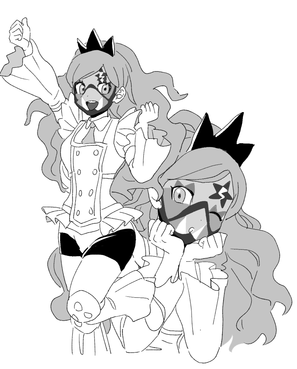 1girl bike_shorts dede_(qwea_00000) detached_sleeves eri_(pokemon) facepaint greyscale korean_commentary long_hair monochrome multiple_views nintendo one_eye_closed open_mouth pokemon pokemon_sv solo star_(symbol) team_star