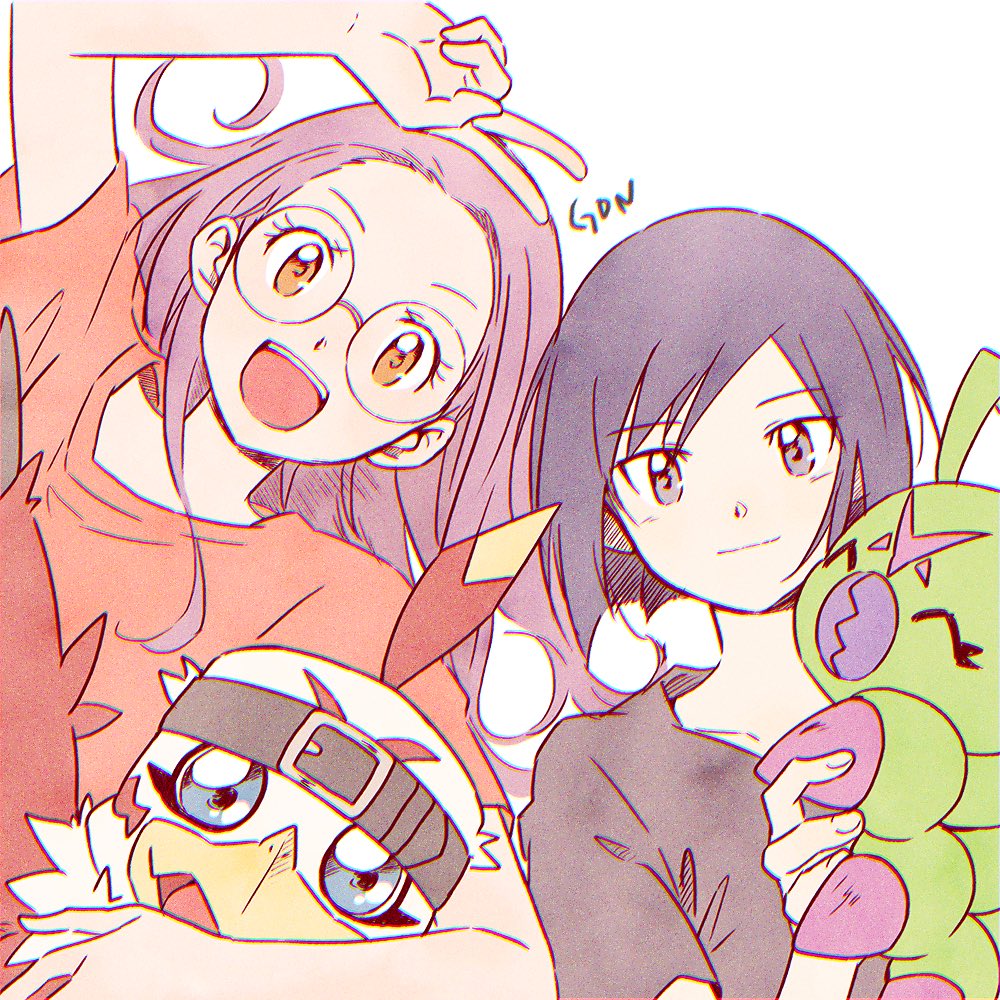 1boy 1girl :d black_hair brown_eyes closed_mouth collarbone digimon digimon_(creature) digimon_adventure_02 gdn0522 glasses grey_eyes grey_shirt hawkmon ichijouji_ken inoue_miyako long_hair open_mouth orange_shirt pink_hair rimless_eyewear shirt short_hair short_sleeves sketch smile upper_body wormmon
