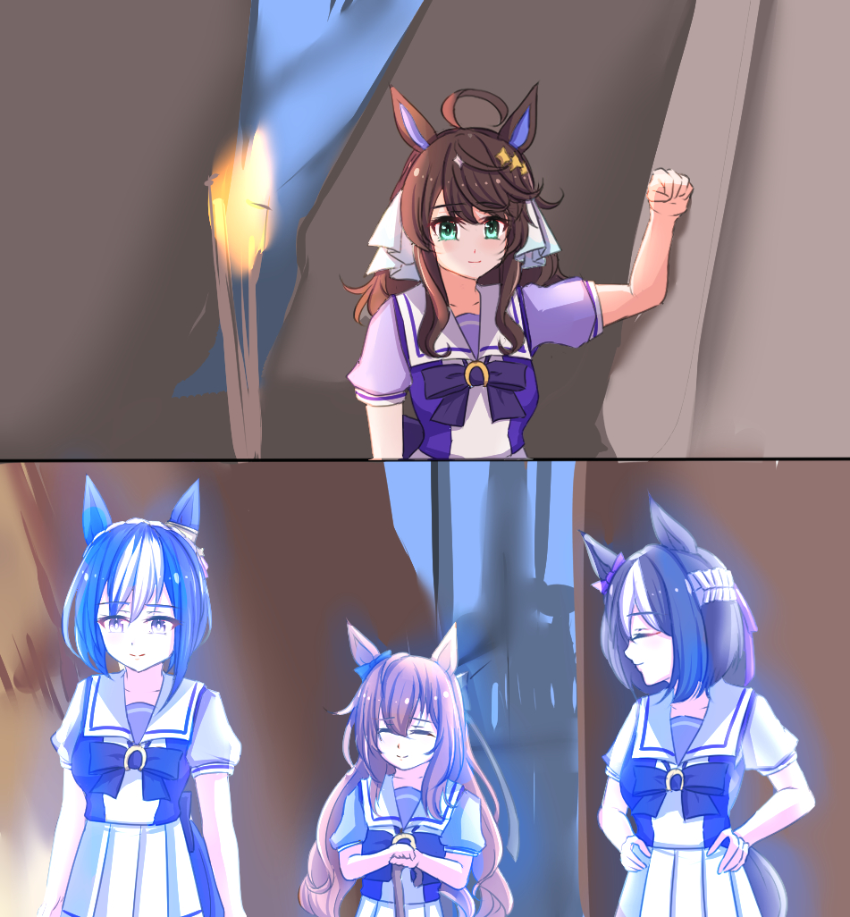 4girls ahoge anikinoihai893 black_hair blush brown_hair cesario_(umamusume) closed_eyes closed_mouth collarbone commentary_request daring_tact_(umamusume) ghost hair_ornament maruzensky_(umamusume) may_the_4th multiple_girls parody school_uniform smile special_week_(umamusume) staff star_(symbol) star_hair_ornament star_wars tracen_school_uniform umamusume