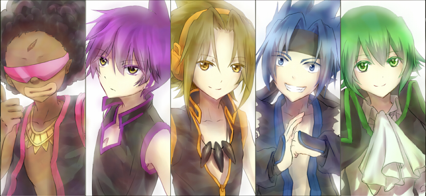 5boys artist_request asakura_yoh black_hair blue_eyes blue_hair brown_hair chocolove_mcdonell dark_skin green_eyes green_hair hairband looking_at_viewer lyserg_diethel multiple_boys purple_hair shaman_king smile tao_ren usui_horokeu yellow_eyes
