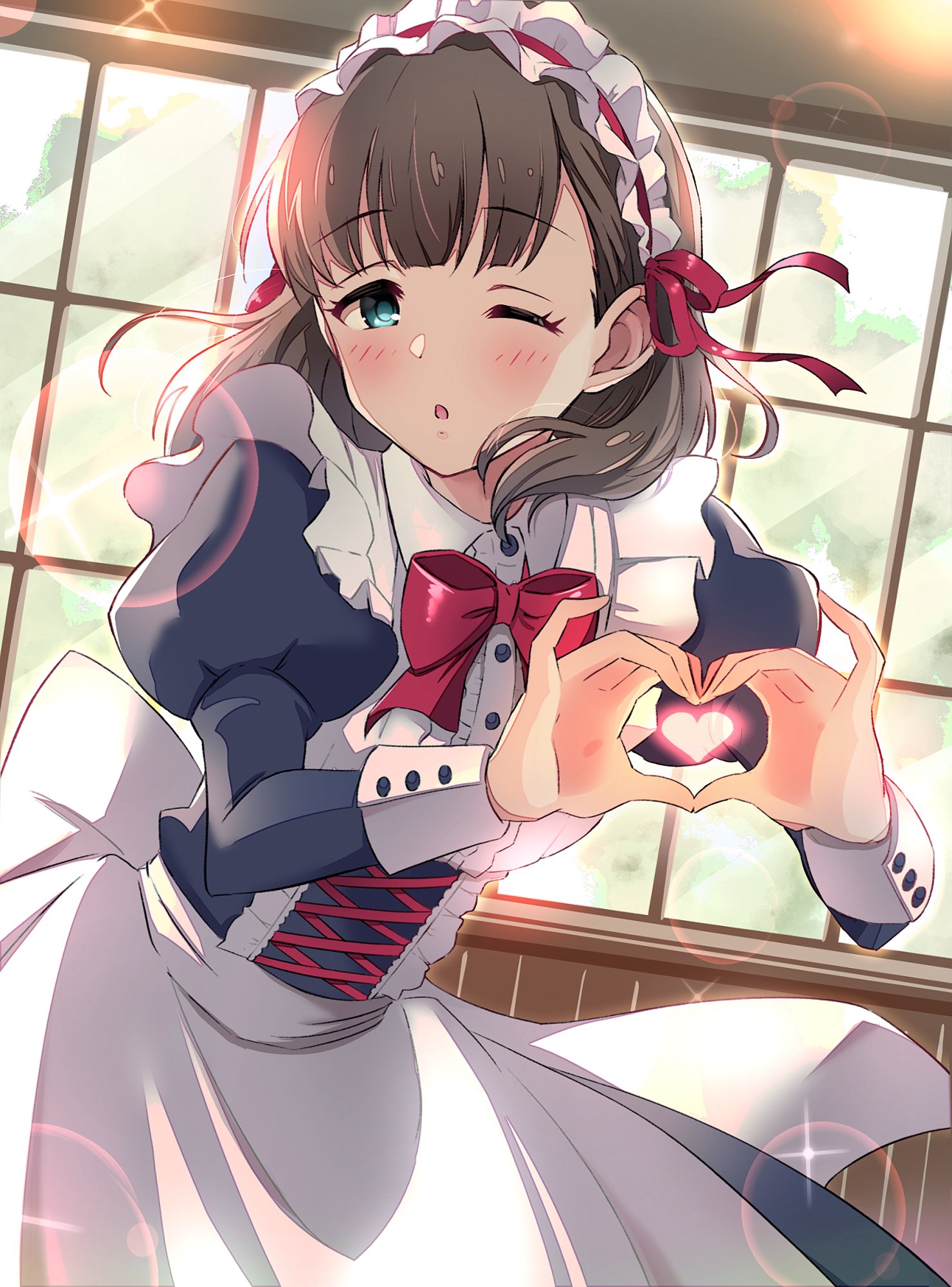 1girl four-finger_heart_hands apron blue_dress blue_eyes blush bow bowtie breasts brown_hair ceiling_light commentary cowboy_shot dot_nose dress dress_bow frilled_apron frills heart heart_hands highres idolmaster idolmaster_cinderella_girls idolmaster_cinderella_girls_starlight_stage indoors juliet_sleeves leaning_forward lens_flare heavy_lens_flare long_sleeves looking_at_viewer maid medium_breasts nanananananasea one_eye_closed parted_lips puffy_sleeves red_bow red_bowtie red_ribbon ribbon sakuma_mayu short_hair smile solo sparkle standing white_apron white_bow white_headdress window