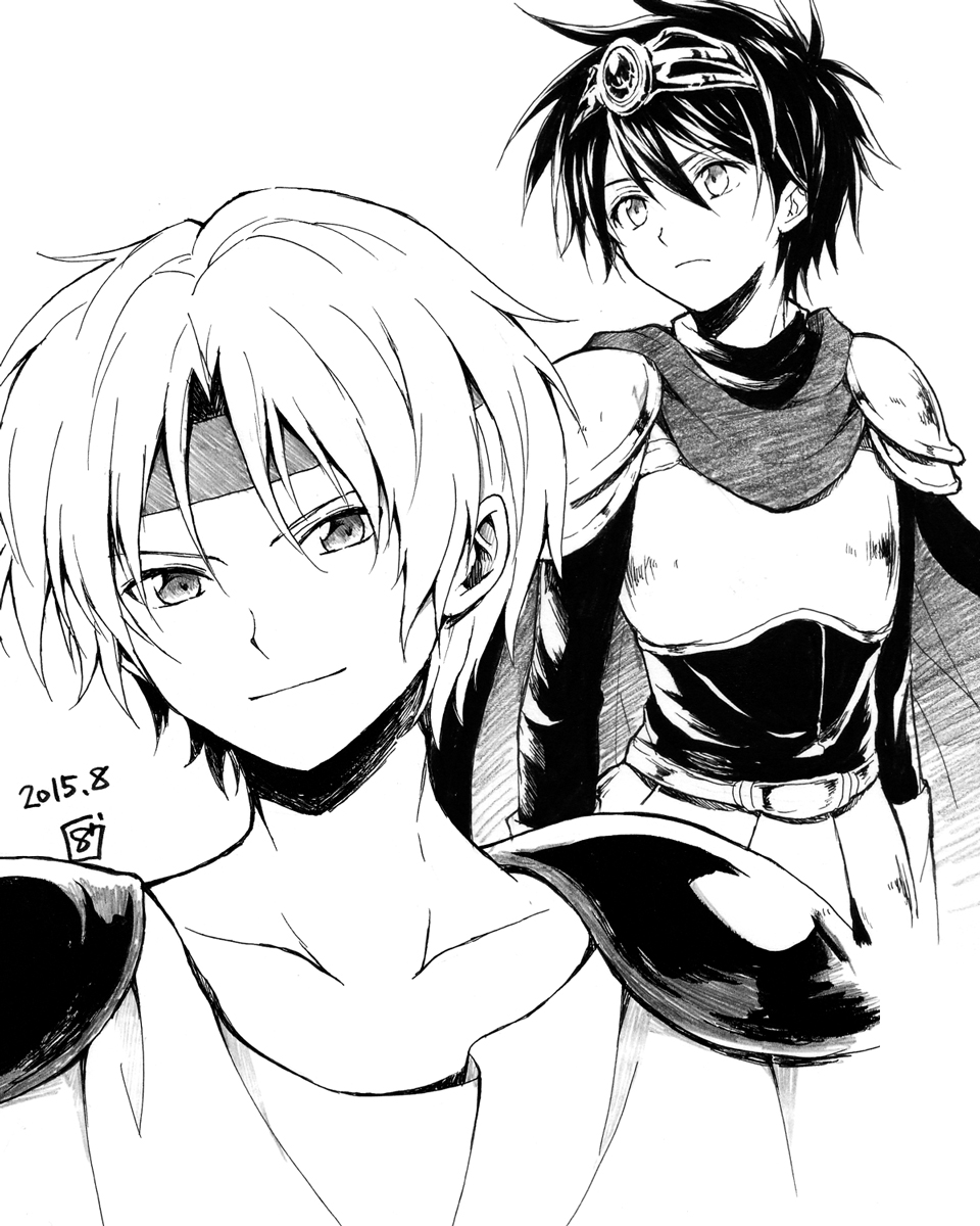 2boys armor belt circlet closed_mouth collarbone greyscale hair_between_eyes hana_(mew) headband highres lagnus_the_brave looking_at_viewer madou_monogatari male_focus monochrome multiple_boys puyopuyo schezo_wegey short_hair shoulder_armor