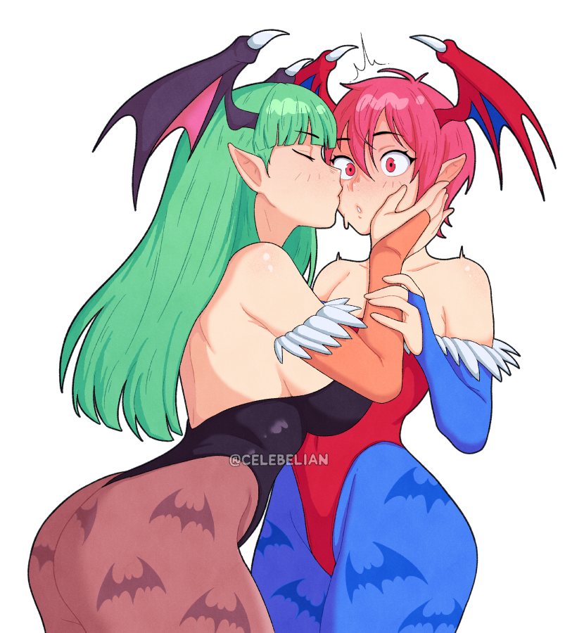 2girls :o ^^^ animal_print antenna_hair ass bat_print bent_over black_leotard blue_pantyhose blue_sleeves blunt_bangs blush breasts bridal_gauntlets brown_pantyhose celebelian closed_eyes commentary cowboy_shot darkstalkers demon_girl demon_wings double-parted_bangs english_commentary frilled_bridal_gauntlets frills green_hair hand_on_another&#039;s_cheek hand_on_another&#039;s_face head_wings kiss kissing_cheek large_breasts leotard light_blush lilith_(darkstalkers) long_hair morrigan_aensland multiple_girls pantyhose parted_lips pink_eyes pink_hair pointy_ears purple_wings red_leotard red_sleeves red_wings short_hair strapless strapless_leotard surprise_kiss surprised teeth twitter_username watermark wings yuri